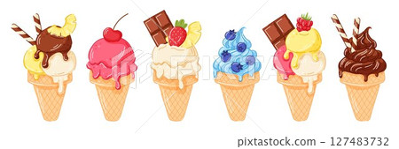 Ice cream cone set with melting scoop and cherry, pineapple, strawberry, chocolate bar, blueberry, raspberry on top in waffle cone in cartoon style. Ideal for dessert menu, summer sweet, food design. 127483732