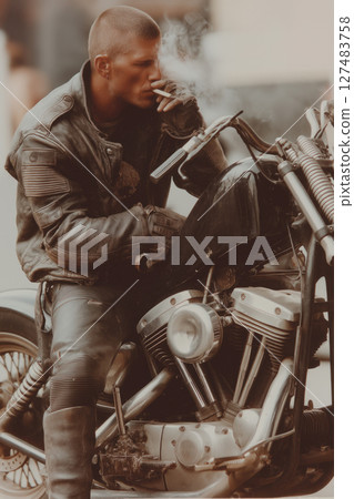 young biker with short hair smoking cigarette, sitting on his motorbike young biker with short hair smoking cigarette, sitting on his motorbike 127483758