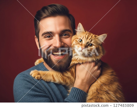 Bearded Man Joyfully Embraces His Cat Against Warm Red Background Capturing Genuine Happiness and Deep Emotional Bond Between Human and Pet in Intimate Portrait Bearded Man Joyfully Embraces His Cat Against Warm Red Background Capturing Genuine Happiness and Deep Emotional Bond Between Human and Pet in Intimate Portrait 127483809