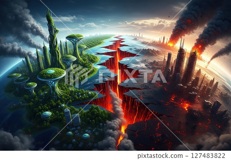 Planet Earth Illustrated in Divided Halves With One Side Thriving in Greenery and the Other Ravaged by Flames Reflecting Human Impact and Climate Destruction 127483822
