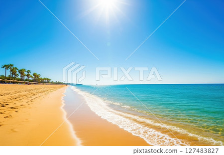 Scorching Heat Covers Coastal Landscape as Sand and Sea Meet Beneath Brilliant Sky in Iconic Beach Scene With Powerful Sunlight Scorching Heat Covers Coastal Landscape as Sand and Sea Meet Beneath Brilliant Sky in Iconic Beach Scene With Powerful Sunlight 127483827