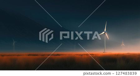 Wind turbines in the field at sunset/sunrise. Vast meadow with tall wind turbines 127483839