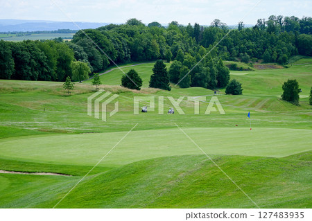Smooth grassy area of a golf course, trees in the background 127483935