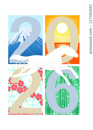 Running horse with Mt. Fuji, sunrise over the sea, plum blossoms and bamboo background 127483942