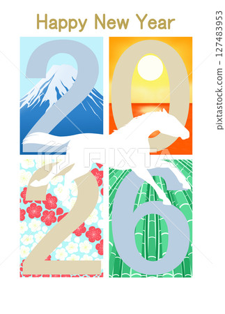 Running horse with Mt. Fuji, sunrise over the sea, plum blossoms and bamboo background 127483953