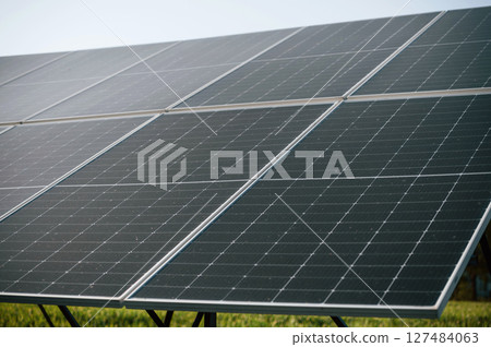 Close-up view of solar cell farm power plant eco technology Close-up view of solar cell farm power plant eco technology 127484063