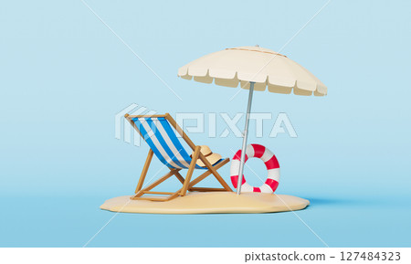 Summer Beach with Beach Umbrella, Chair, Hat, and Swim Ring. 3D Rendering. Summer Beach with Beach Umbrella, Chair, Hat, and Swim Ring. 3D Rendering. 127484323