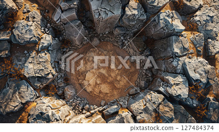 Mining workers back, yellow helmet, facing bulldozer in open-pit mine scene. 127484374