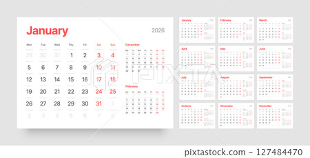 Monthly calendar layout for 2026. Planner diary. Monthly calendar layout for 2026. Planner diary. 127484470