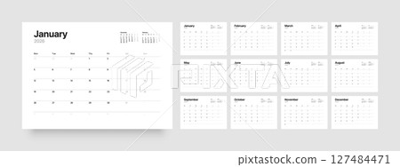 Monthly calendar layout for 2026. Planner diary. Monthly calendar layout for 2026. Planner diary. 127484471