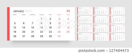Monthly calendar layout for 2026. Planner diary. 127484473