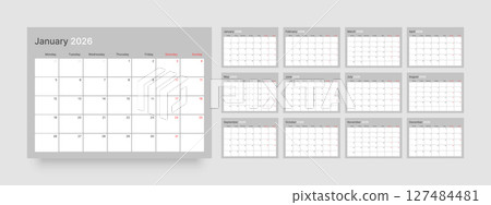 Monthly calendar layout for 2026. Planner diary. Monthly calendar layout for 2026. Planner diary. 127484481