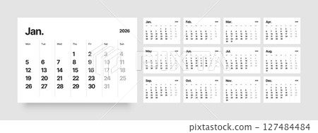 Monthly calendar layout for 2026. Planner diary. 127484484
