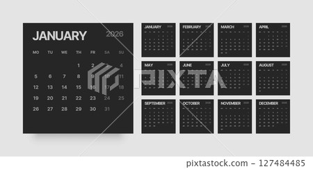 Monthly calendar layout for 2026. Planner diary. 127484485