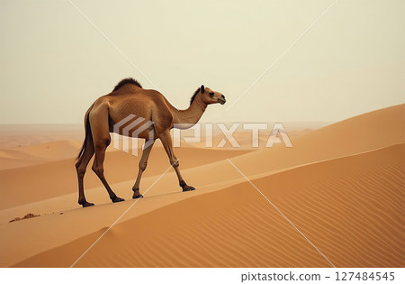 One-humped camel stands on desert sand. Arid Terrain. AI Generative 127484545