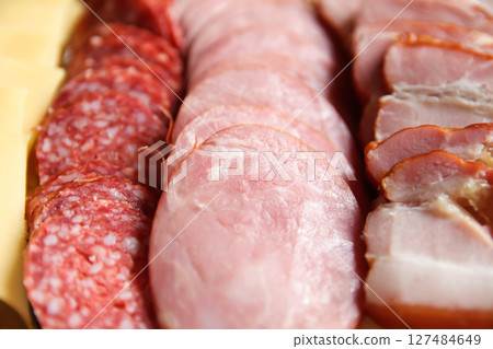 Top view close-up of an assorted set of sausage and sliced ham on a board, perfect for a breakfast concept. A delicious assortment of sliced sausage and ham laid out on a board 127484649