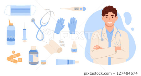 Doctor in white coat with medical supplies set. Flat isolated vector illustration 127484674