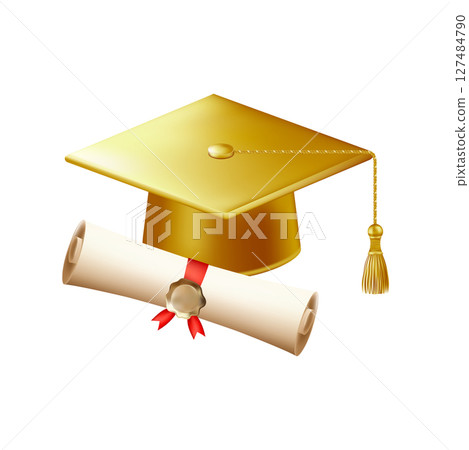 3d diploma scroll with graduate hat. Vintage roll paper 127484790