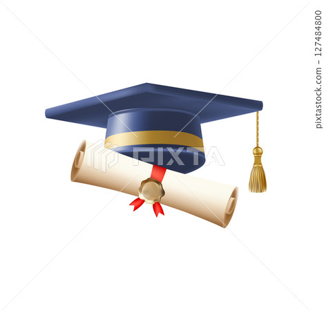 3d diploma scroll with graduate hat. Vintage roll paper 127484800