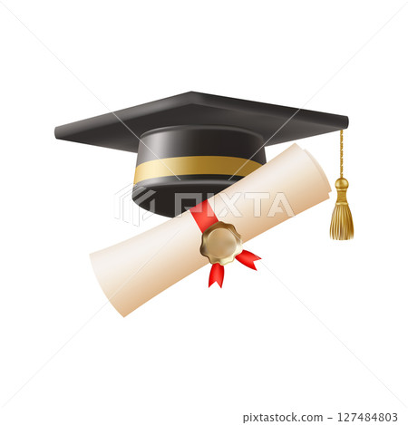 3d diploma scroll with graduate hat. Vintage roll paper 3d diploma scroll with graduate hat. Vintage roll paper 127484803