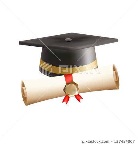 3d diploma scroll with graduate hat. Vintage roll paper 3d diploma scroll with graduate hat. Vintage roll paper 127484807