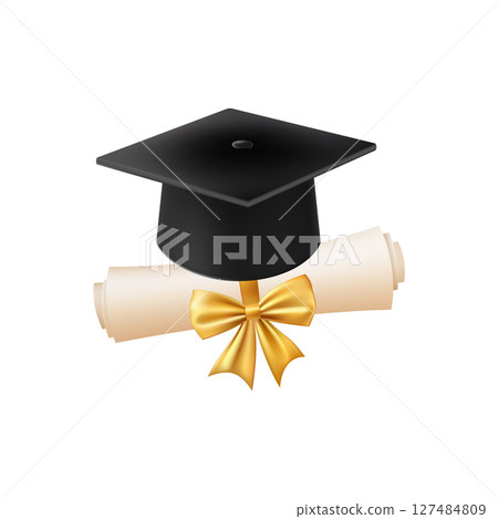3d diploma scroll with graduate hat. Vintage roll paper 3d diploma scroll with graduate hat. Vintage roll paper 127484809