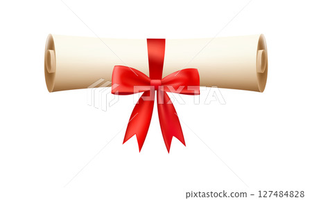 3d diploma scroll icon. Roll paper with red bow. 127484828