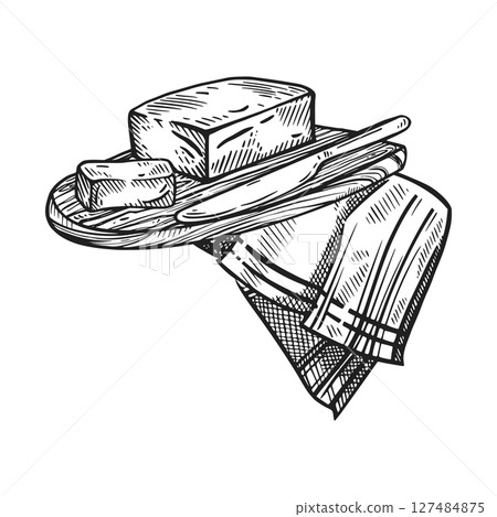 Butter on a wooden board with a table knife and a tea towel with a striped pattern. All objects are hand-drawn in vector. Suitable for printing on food packaging, store shelf design, farm shops. 127484875