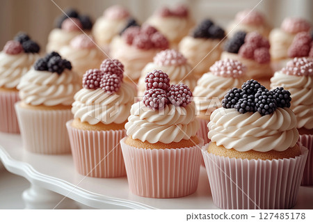 Various cakes in neutral tones on dessert stand with soft lighting. Various cakes in neutral tones on dessert stand with soft lighting. 127485178