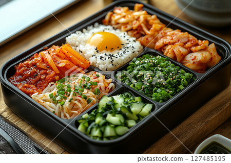 Korean-style lunch box with bibimbap ingredients, kimchi and pickled radish. Container with dosirak. Korean-style lunch box with bibimbap ingredients, kimchi and pickled radish. Container with dosirak. 127485195