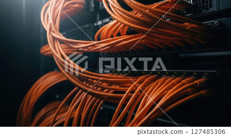Close up of orange network cables connected to server racks in a data center 127485306