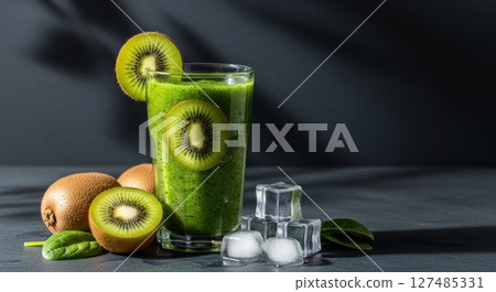 Vibrant green kiwi smoothie in a tall glass with fresh fruit and ice cubes 127485331