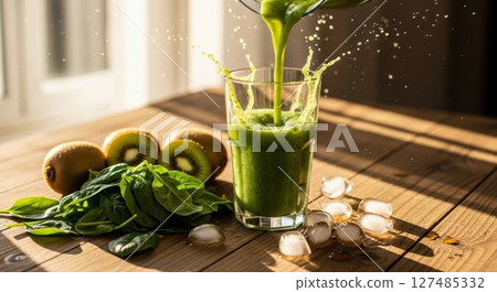 Vibrant green smoothie being poured into a tall glass with spinach, kiwi, and ice 127485332