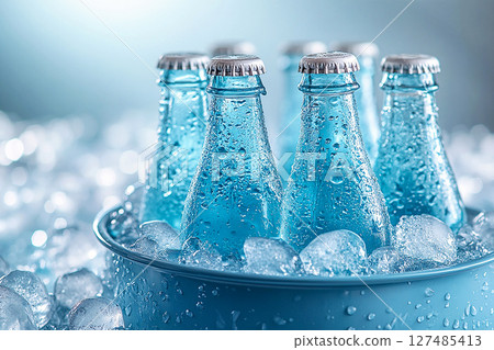 Summer vibes. Retro cooler filled with glass soda bottles and ice. Retro style. Close-up. 127485413