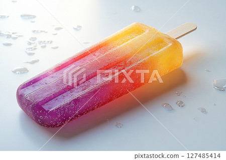 Popsicle with rainbow colors on a long stick on a white background. Summer fun. Retro style. 127485414