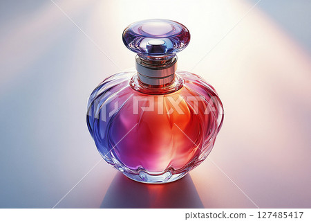 Perfume bottle with glossy on its glass surface, conveying elegance and sophistication. Ideal for high-end perfume advertisements. 127485417