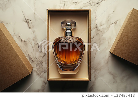 Glass perfume bottle featuring elegant gold detailing. Perfect for high-end perfume marketing. 127485418