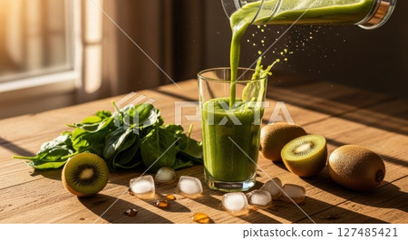 Vibrant green smoothie being poured into a glass with fresh spinach and kiwi fruit Vibrant green smoothie being poured into a glass with fresh spinach and kiwi fruit 127485421