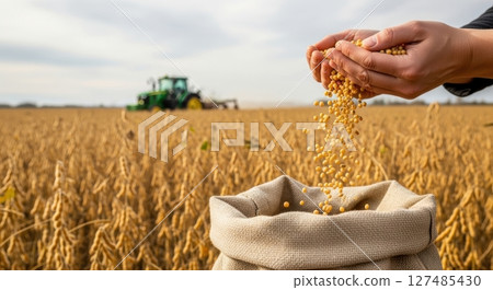 Hands pouring golden soybeans into a sack with a tractor in a vast agricultural field Hands pouring golden soybeans into a sack with a tractor in a vast agricultural field 127485430
