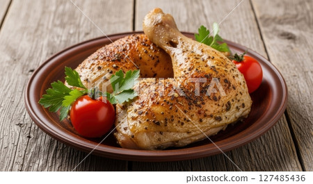 Delicious roasted chicken legs seasoned with herbs and spices served on a rustic plate 127485436