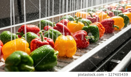 Colorful bell peppers being washed on a conveyor belt in a food processing plant Colorful bell peppers being washed on a conveyor belt in a food processing plant 127485439
