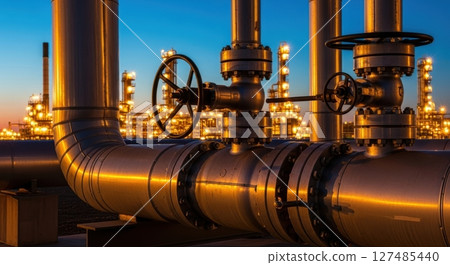 Large industrial pipes and valves at an oil refinery illuminated at night Large industrial pipes and valves at an oil refinery illuminated at night 127485440