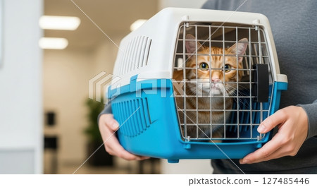 Woman carrying an orange tabby cat inside a blue and white pet carrier for safe transport Woman carrying an orange tabby cat inside a blue and white pet carrier for safe transport 127485446
