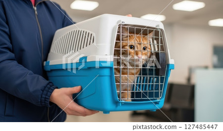 Ginger cat inside a blue and white pet carrier held for travel or vet visit Ginger cat inside a blue and white pet carrier held for travel or vet visit 127485447