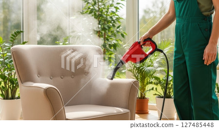 Professional cleaner steam cleaning an armchair for deep upholstery sanitization Professional cleaner steam cleaning an armchair for deep upholstery sanitization 127485448