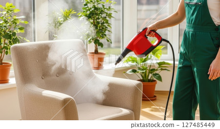 A woman in green overalls steam cleaning a beige armchair in a bright living room. A woman in green overalls steam cleaning a beige armchair in a bright living room. 127485449