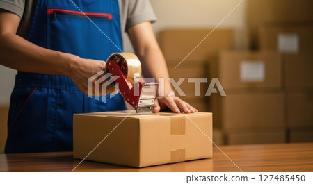 Worker sealing cardboard box for shipping with tape dispenser Worker sealing cardboard box for shipping with tape dispenser 127485450