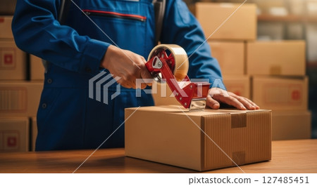 Man packaging a cardboard box with a tape dispenser for shipping and delivery service Man packaging a cardboard box with a tape dispenser for shipping and delivery service 127485451