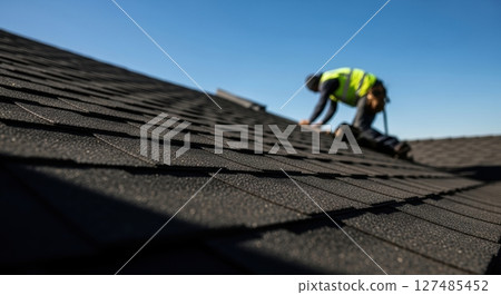 Roofer working on a dark asphalt shingle roof under a clear blue sky Roofer working on a dark asphalt shingle roof under a clear blue sky 127485452
