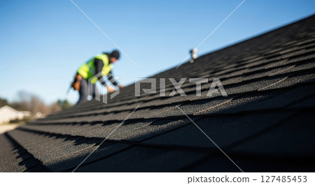 Professional roofer installing dark asphalt shingles on a residential house roof. 127485453